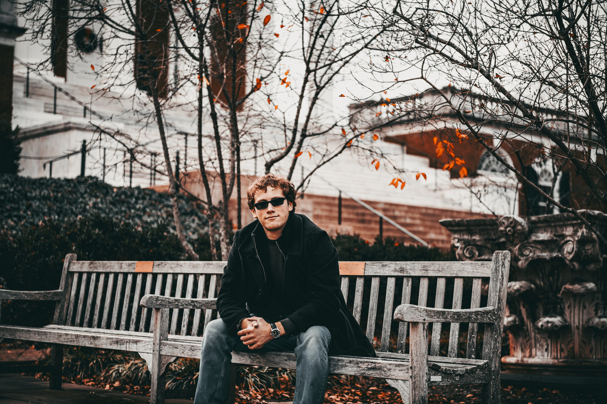 Jacob Citron sitting on a bench at the University of Virginia